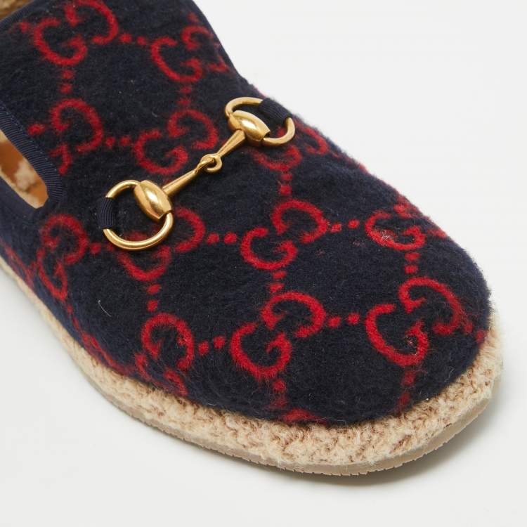 Pre Owned Gucci Navy Blue/Red GG Wool Fria Espadrille Flats Size 41