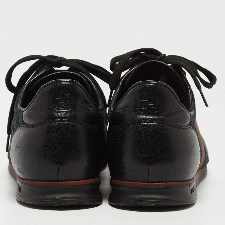 Pre Owned Gucci Black Leather and GG Canvas Web Low Top Sneakers Size 44.5