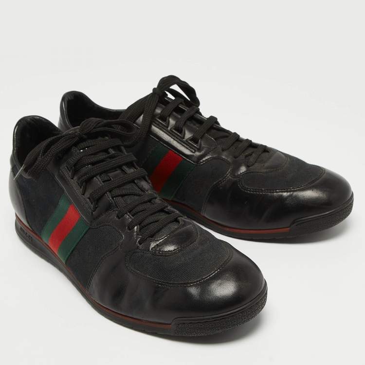 Pre Owned Gucci Black Leather and GG Canvas Web Low Top Sneakers Size 44.5