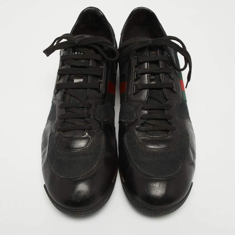 Pre Owned Gucci Black Leather and GG Canvas Web Low Top Sneakers Size 44.5