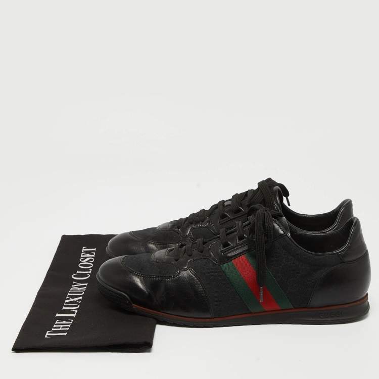 Pre Owned Gucci Black Leather and GG Canvas Web Low Top Sneakers Size 44.5