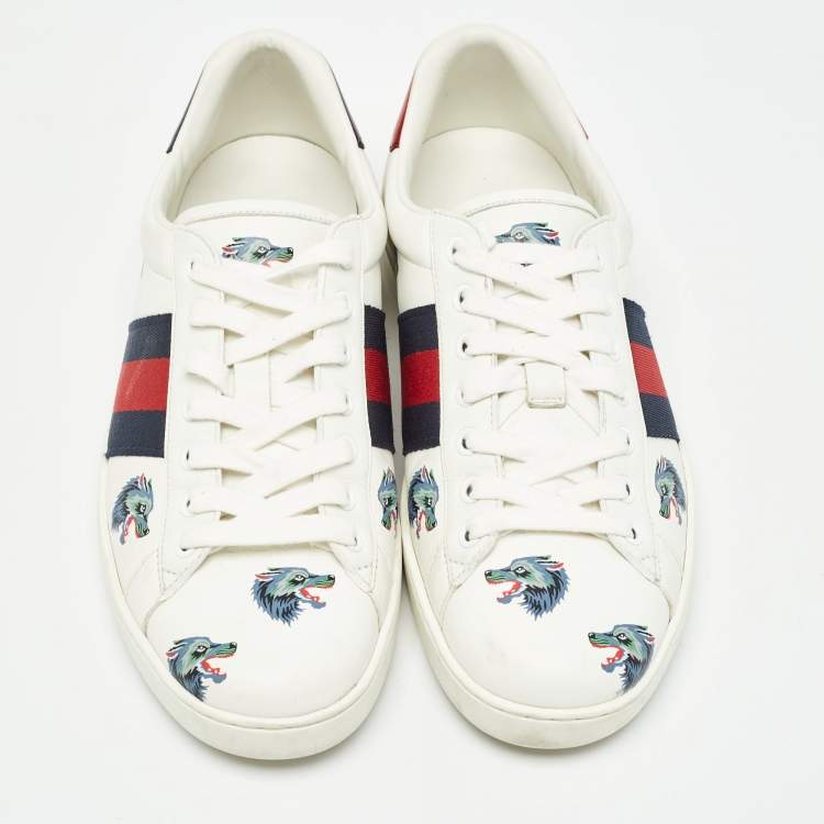 Pre Owned Gucci White Leather Wolf Print Ace Sneakers Size 41.5