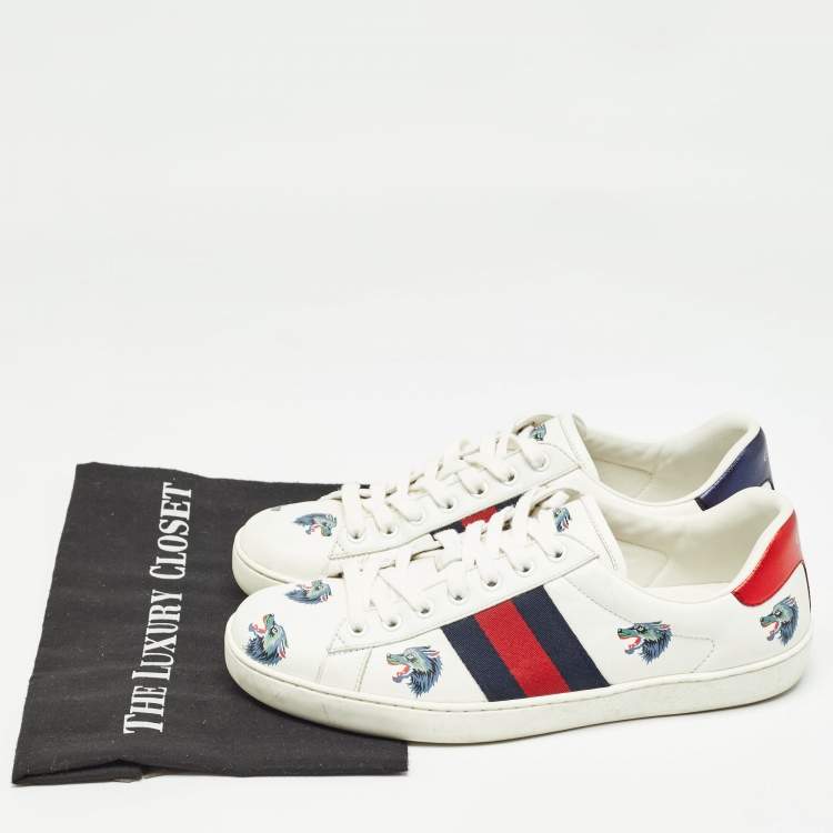 Pre Owned Gucci White Leather Wolf Print Ace Sneakers Size 41.5