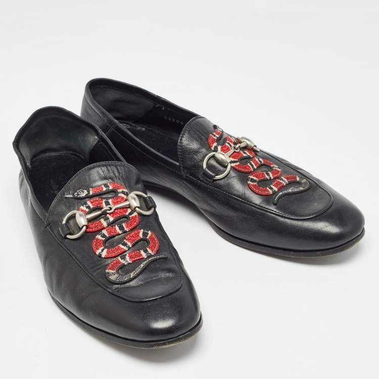 Pre Owned Gucci Black Leather Snake Applique Brixton Loafers Size 40.5