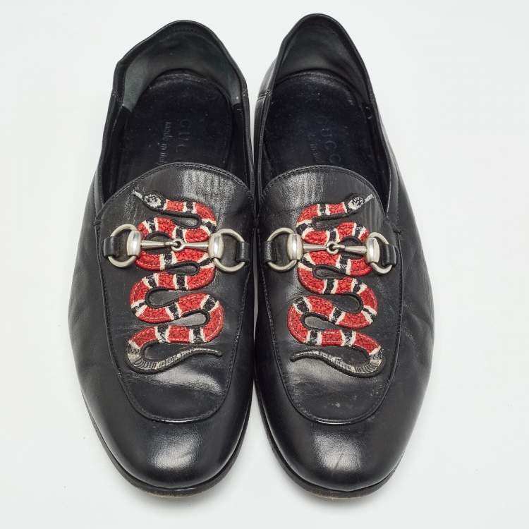 Pre Owned Gucci Black Leather Snake Applique Brixton Loafers Size 40.5