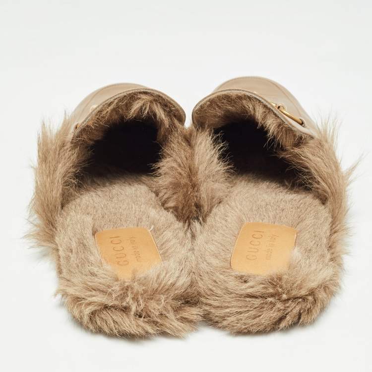 Pre Owned Gucci Brown Leather And Fur Princetown Mules Size 46