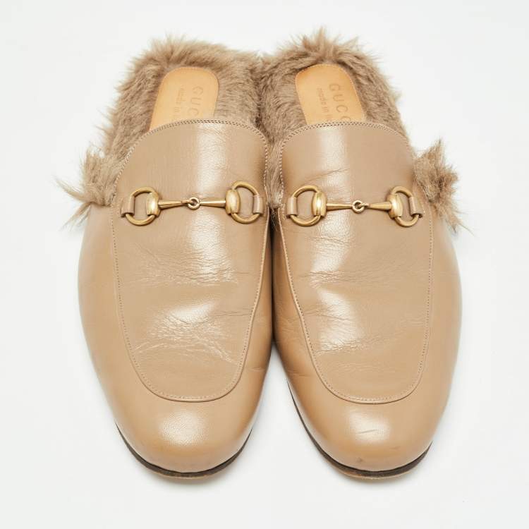 Pre Owned Gucci Brown Leather And Fur Princetown Mules Size 46