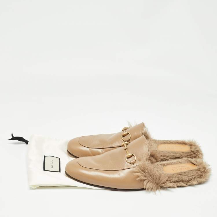 Pre Owned Gucci Brown Leather And Fur Princetown Mules Size 46