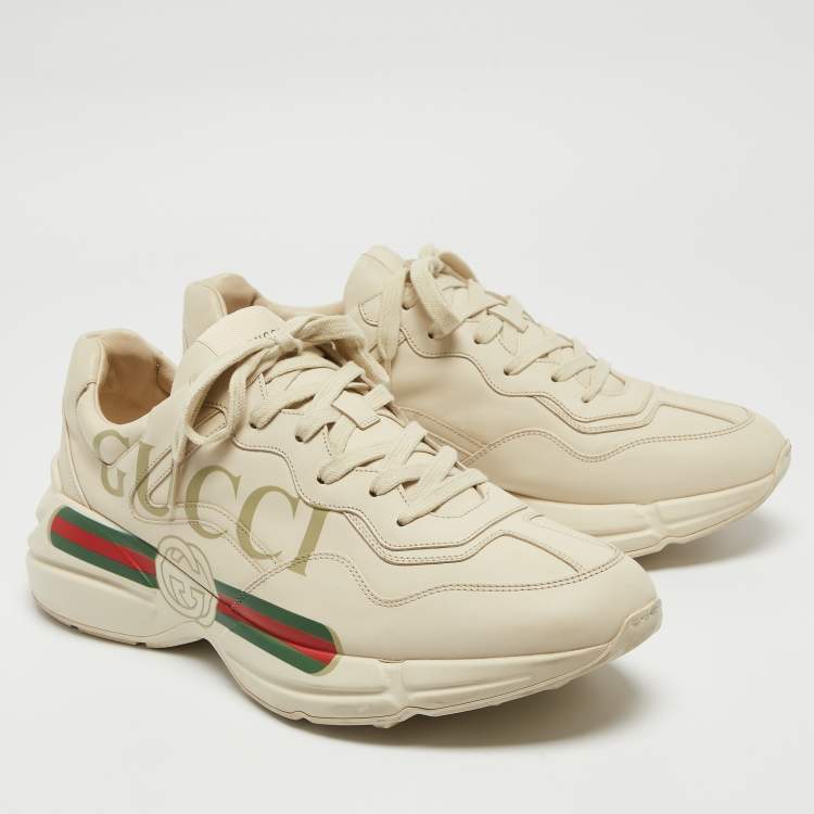 Pre Owned Gucci Cream Leather Rhyton Lace Up Sneakers Size 45.5