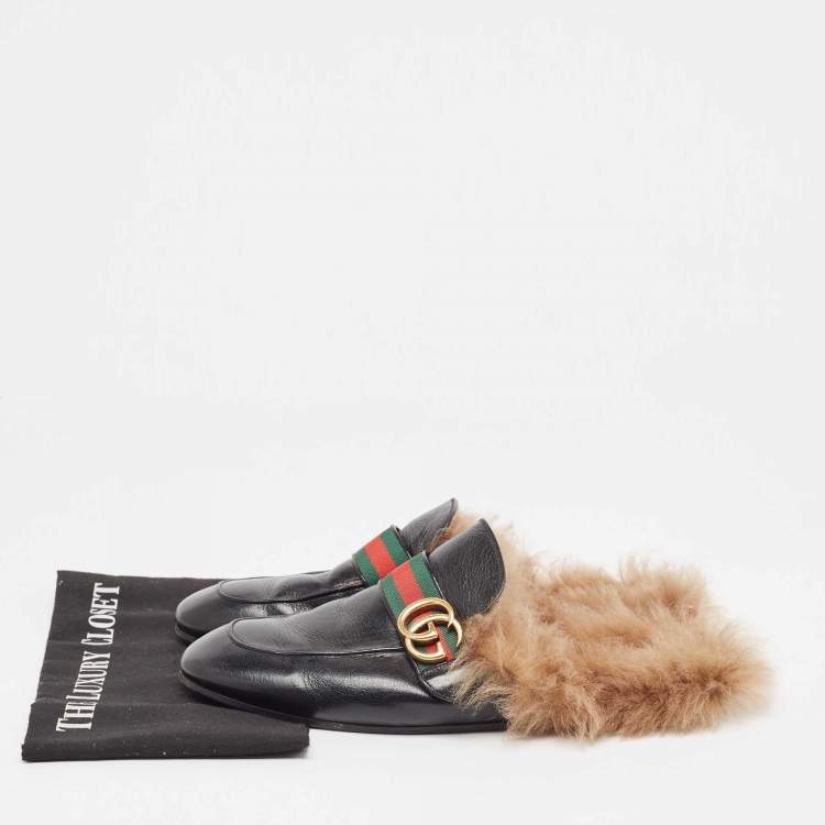 Pre Owned Gucci Black Leather Princetown GG Web Mules Size 43