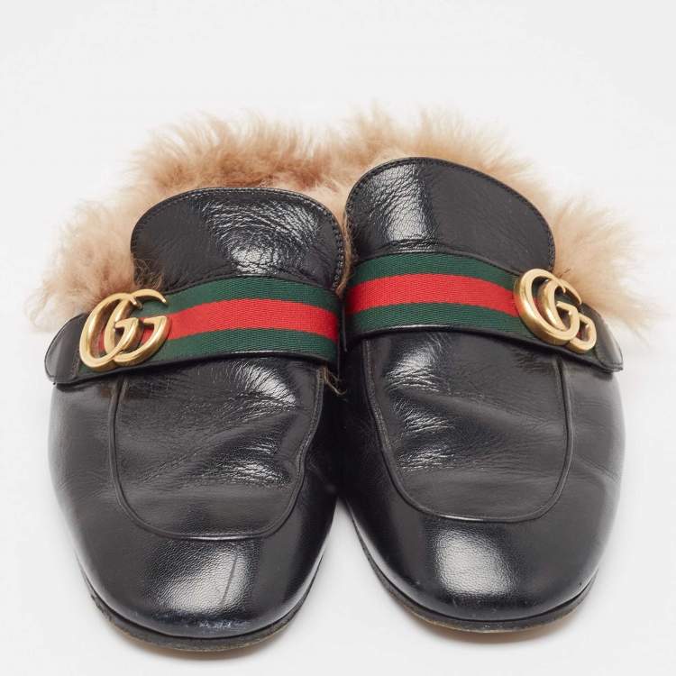 Pre Owned Gucci Black Leather Princetown GG Web Mules Size 43