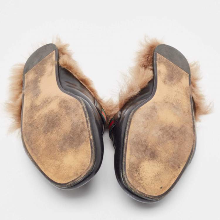 Pre Owned Gucci Black Leather Princetown GG Web Mules Size 43