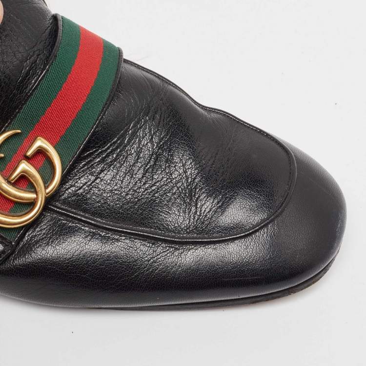 Pre Owned Gucci Black Leather Princetown GG Web Mules Size 43
