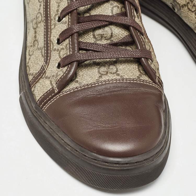 Pre Owned Gucci Beige/Brown GG Supreme Canvas and Leather High Top Sneakers Size 42