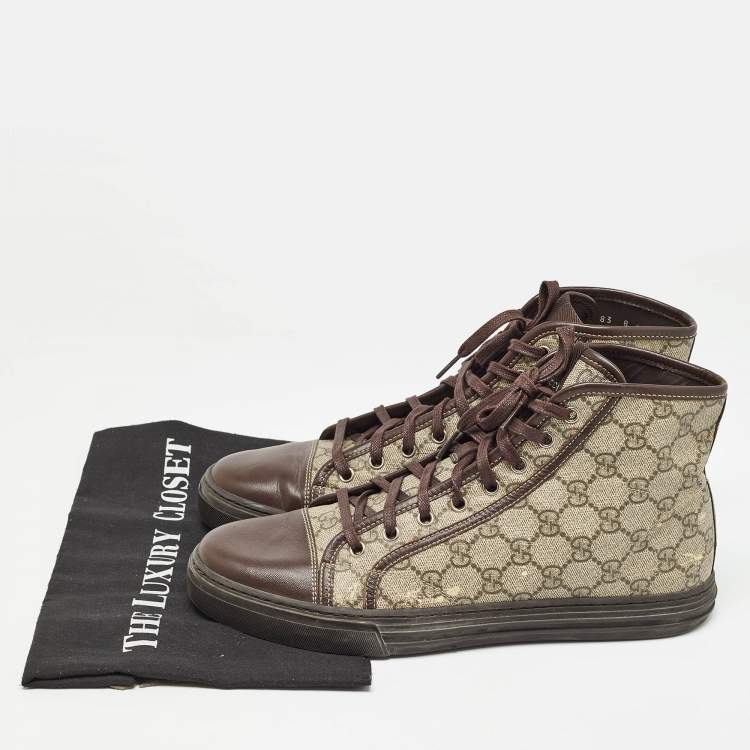 Pre Owned Gucci Beige/Brown GG Supreme Canvas and Leather High Top Sneakers Size 42