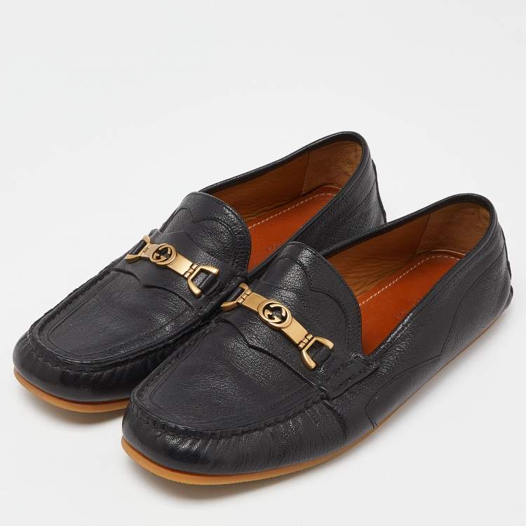 Pre Owned Gucci Black Leather Interlocking Logo Slip On Loafers Size 41.5