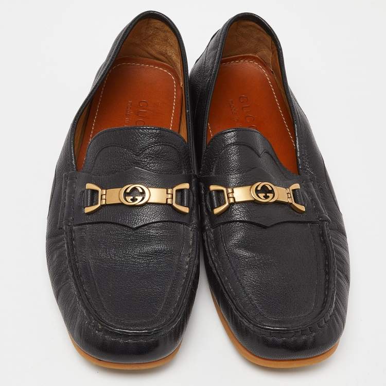 Pre Owned Gucci Black Leather Interlocking Logo Slip On Loafers Size 41.5