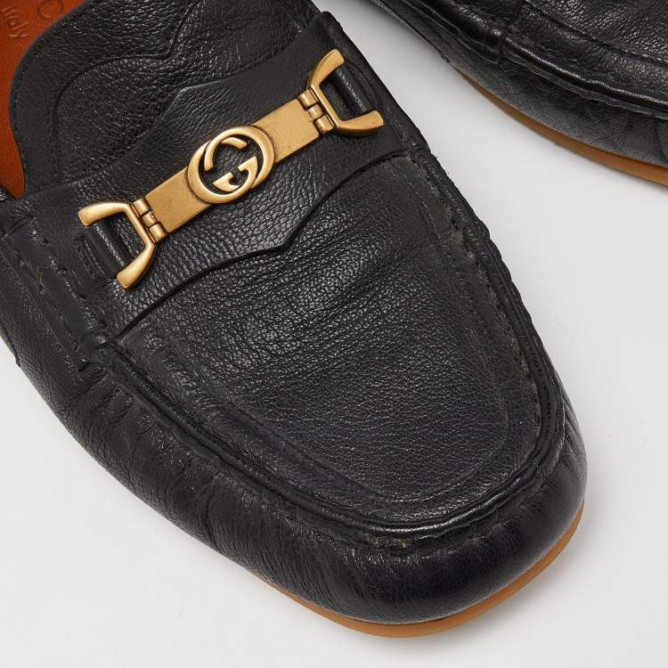 Pre Owned Gucci Black Leather Interlocking Logo Slip On Loafers Size 41.5