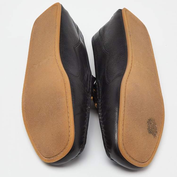 Pre Owned Gucci Black Leather Interlocking Logo Slip On Loafers Size 41.5