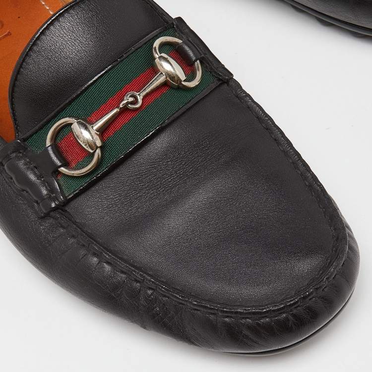 مملوكة مسبقًا Gucci Black Leather Web Horsebit Slip On Loafers Size 42