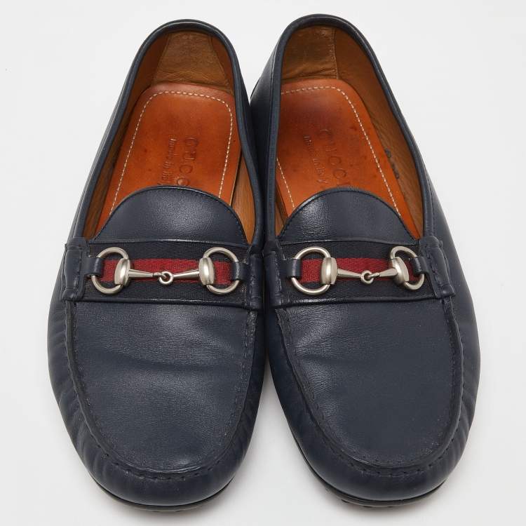 Pre Owned Gucci Blue Leather Web Horsebit Slip On Loafers Size 42