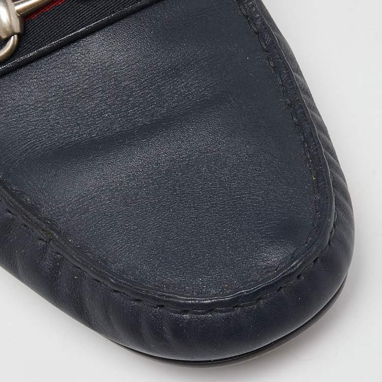 Pre Owned Gucci Blue Leather Web Horsebit Slip On Loafers Size 42
