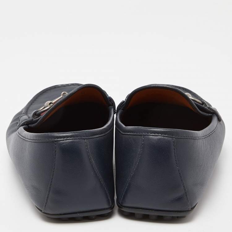 Pre Owned Gucci Blue Leather Web Horsebit Slip On Loafers Size 42