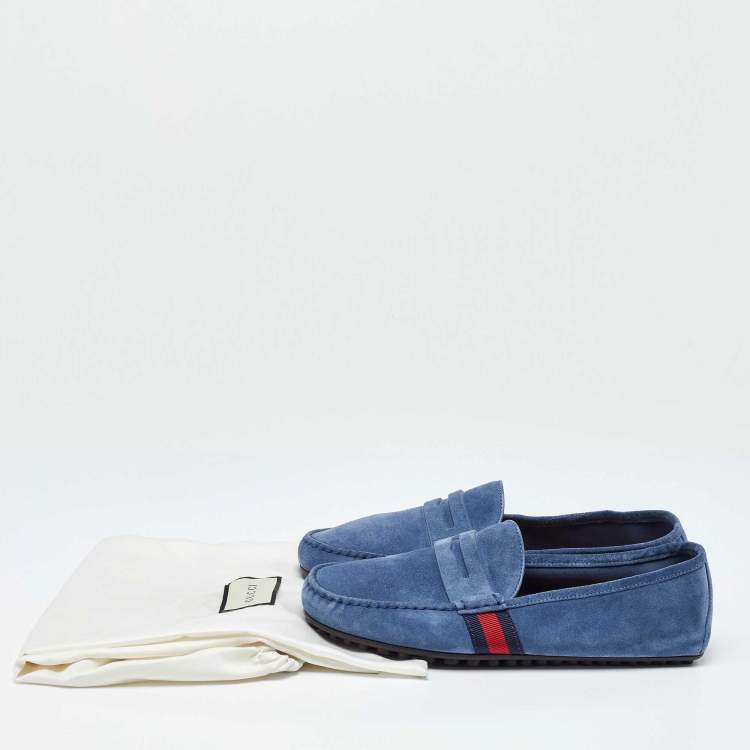 مملوكة مسبقًا Gucci Blue Suede Web Trim Penny Loafers Size 41.5