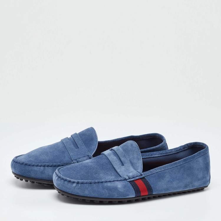 مملوكة مسبقًا Gucci Blue Suede Web Trim Penny Loafers Size 41.5