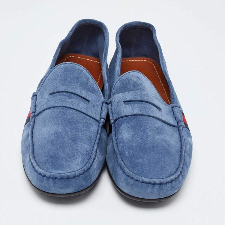 مملوكة مسبقًا Gucci Blue Suede Web Trim Penny Loafers Size 41.5