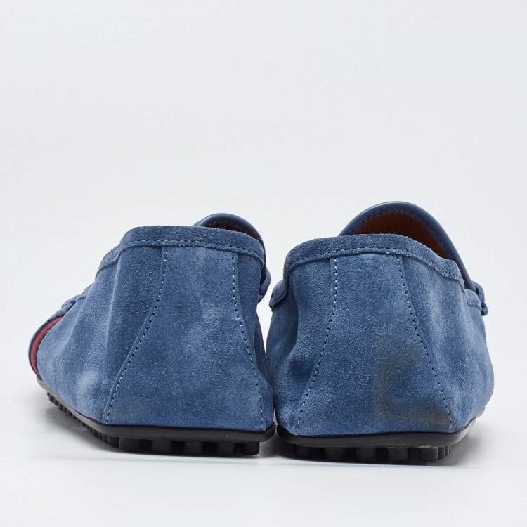 مملوكة مسبقًا Gucci Blue Suede Web Trim Penny Loafers Size 41.5