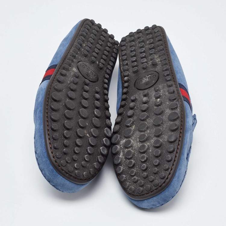 مملوكة مسبقًا Gucci Blue Suede Web Trim Penny Loafers Size 41.5
