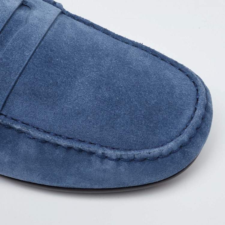 مملوكة مسبقًا Gucci Blue Suede Web Trim Penny Loafers Size 41.5