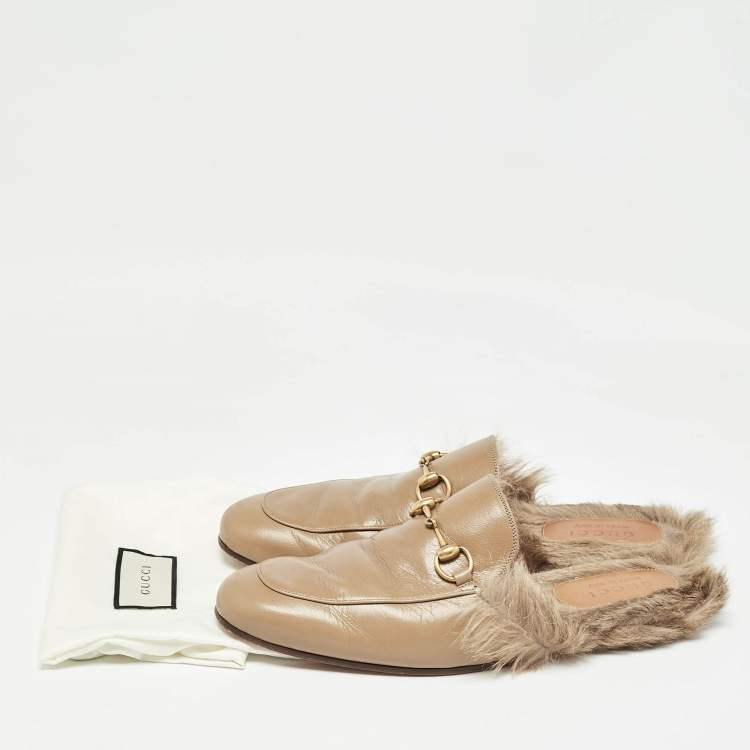 Pre Owned Gucci Beige Leather and Fur Princetown Flat Mules Size 44