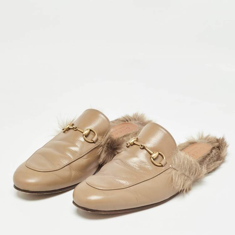 Pre Owned Gucci Beige Leather and Fur Princetown Flat Mules Size 44