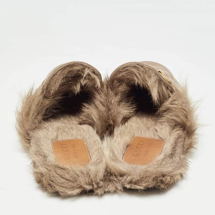 Pre Owned Gucci Beige Leather and Fur Princetown Flat Mules Size 44