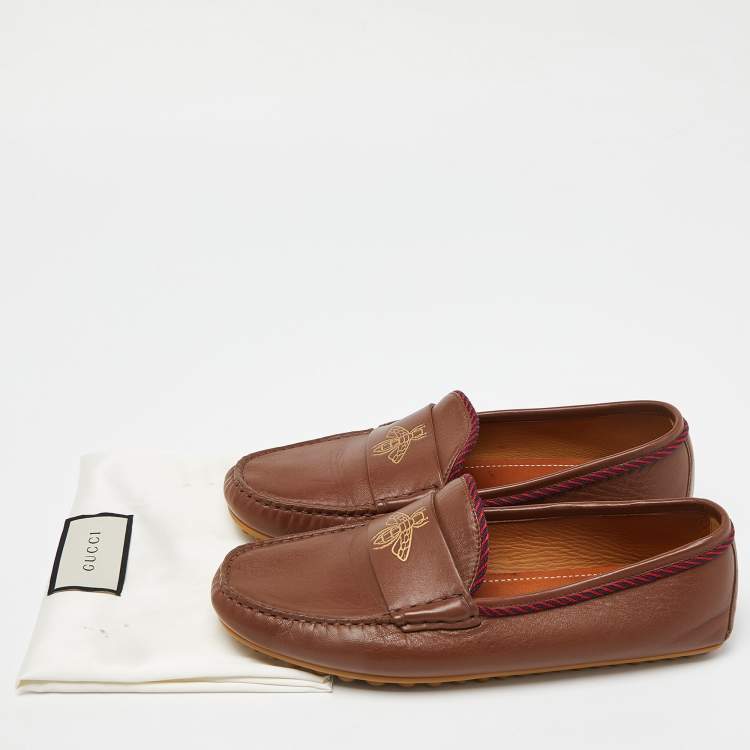 Pre Owned Gucci Brown Leather Slip On Loafers Size 41