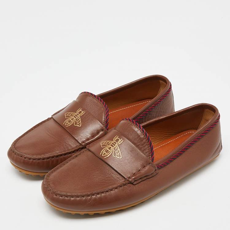 Pre Owned Gucci Brown Leather Slip On Loafers Size 41
