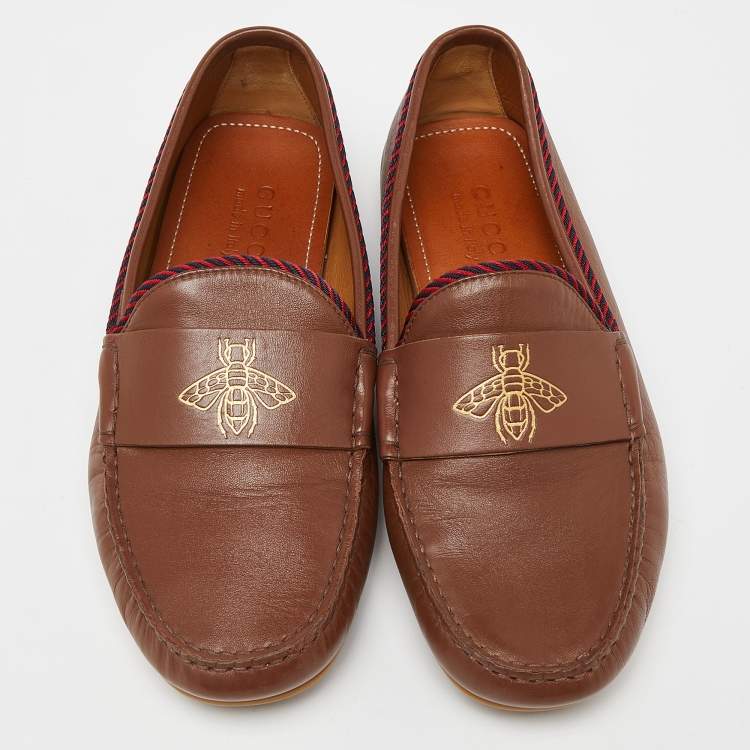 Pre Owned Gucci Brown Leather Slip On Loafers Size 41