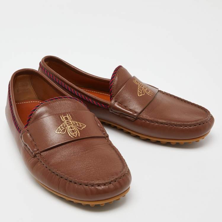 Pre Owned Gucci Brown Leather Slip On Loafers Size 41