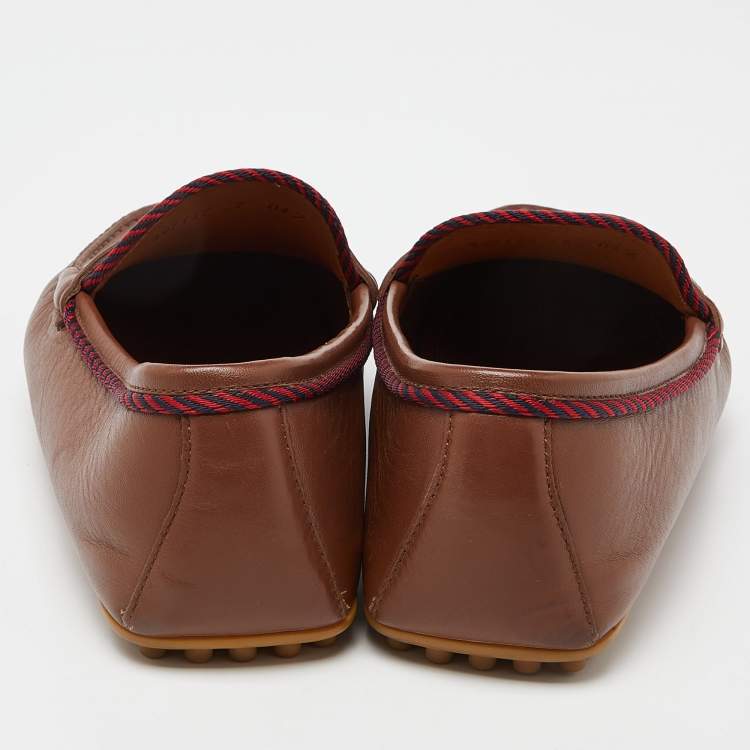 Pre Owned Gucci Brown Leather Slip On Loafers Size 41