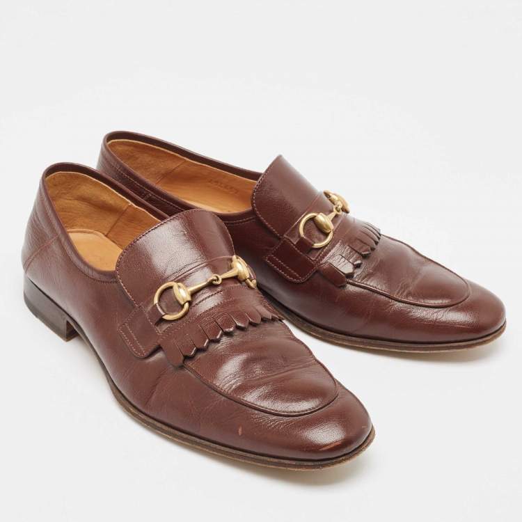 Pre Owned Gucci Brown Leather Brixton Fringe Detail Slip On Loafers Size 43