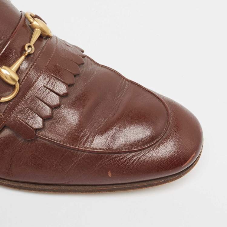 Pre Owned Gucci Brown Leather Brixton Fringe Detail Slip On Loafers Size 43