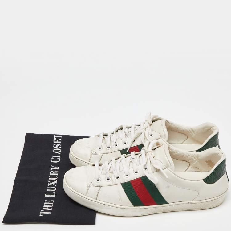 Pre Owned Gucci White Leather Web Detail Ace Low Top Sneakers Size 43