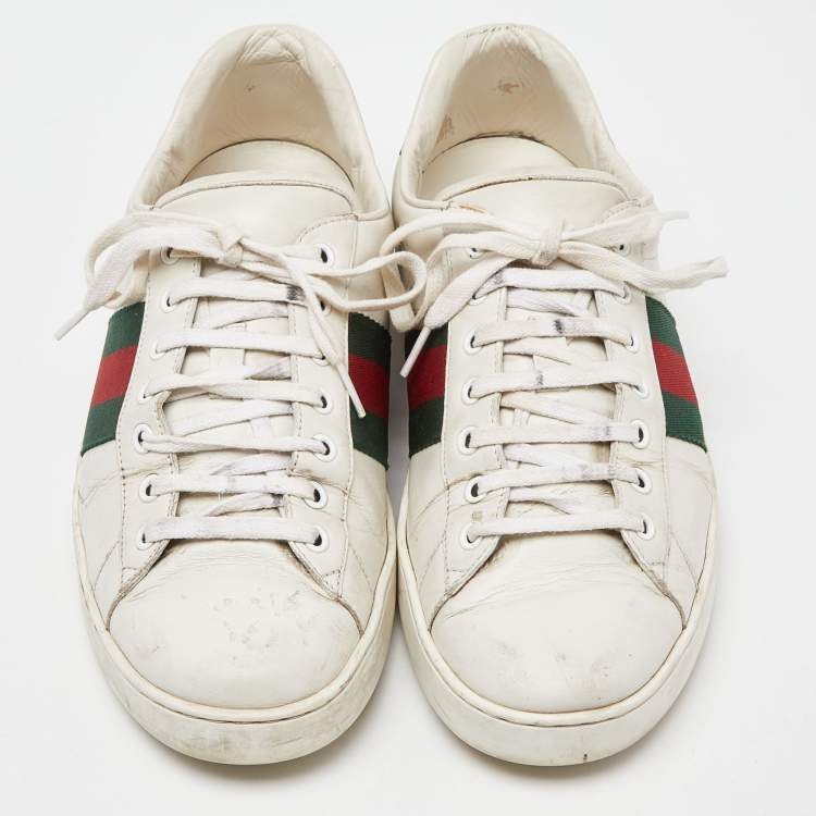 Pre Owned Gucci White Leather Web Detail Ace Low Top Sneakers Size 43