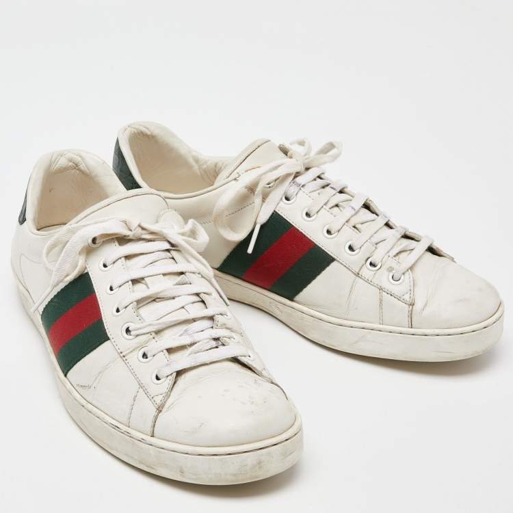 Pre Owned Gucci White Leather Web Detail Ace Low Top Sneakers Size 43