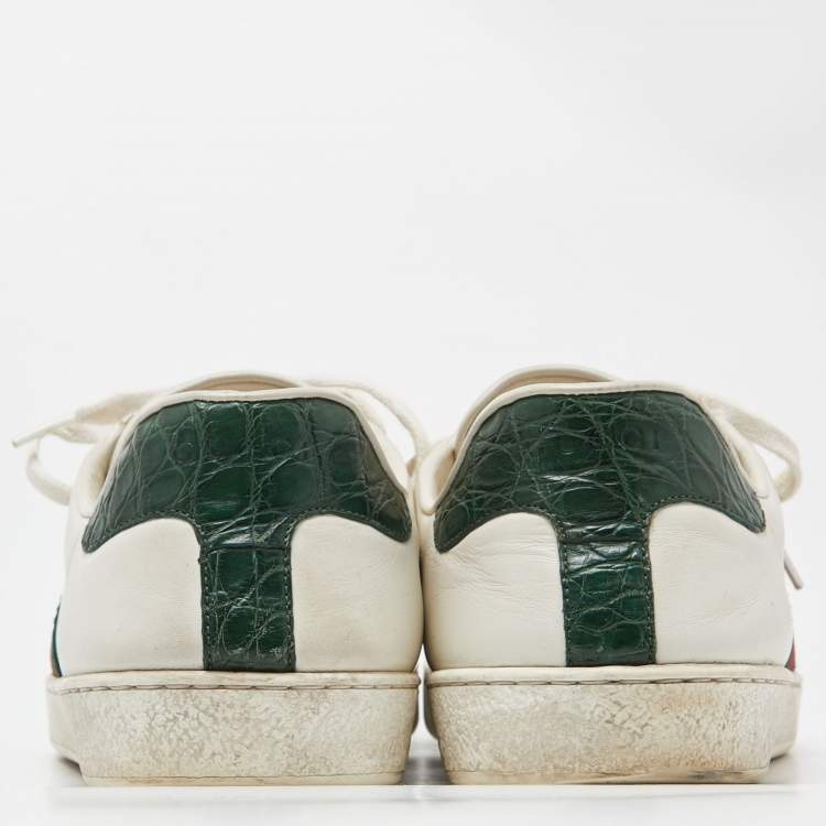 Pre Owned Gucci White Leather Web Detail Ace Low Top Sneakers Size 43