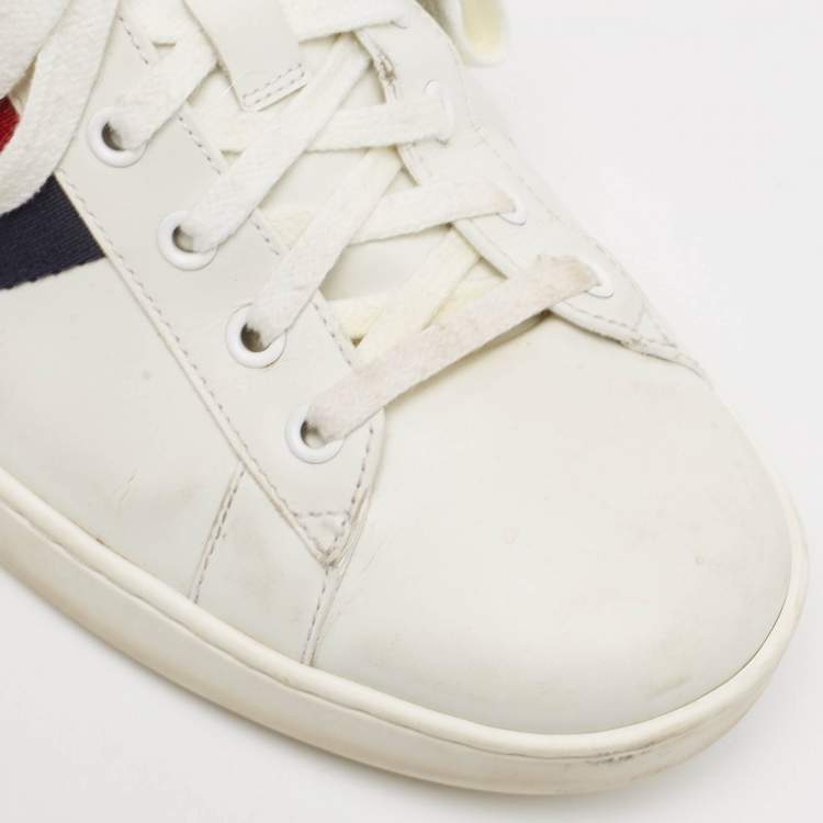 Pre Owned Gucci White/Navy Blue Leather and Python Embossed Ace Sneakers Size 46.5