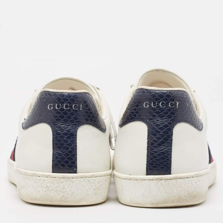 Pre Owned Gucci White/Navy Blue Leather and Python Embossed Ace Sneakers Size 46.5