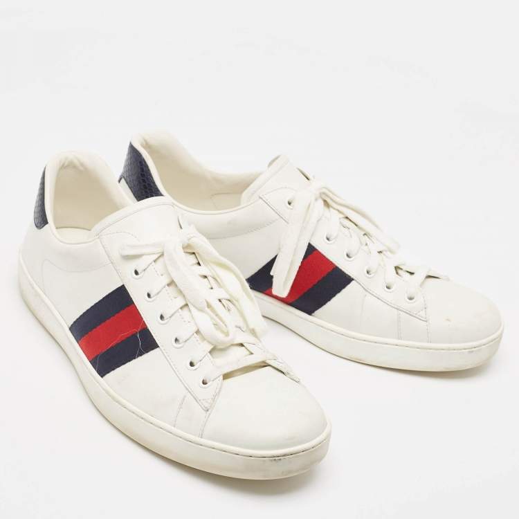 Pre Owned Gucci White/Navy Blue Leather and Python Embossed Ace Sneakers Size 46.5